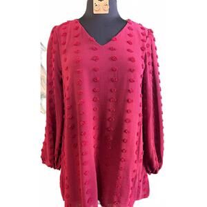 NEW FIRST LOVE women's swiss dot v-neck blouse in burgundy